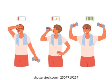 Exhausted athlete drinks energy drink and lifts heavy dumbbells, thanks to effectiveness of taurine. Tired guy working out in fitness club using energy drink to replenish strength.