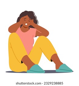 Una Mujer Negra Exhaustada Dona Zapatillas Y Pajamas Acogedores, Abrazando Un Muy Necesario Descanso Después De Un Largo Día. Personaje afroamericano sentado en el suelo con la cabeza. Ilustración de vectores de personas de caricatura