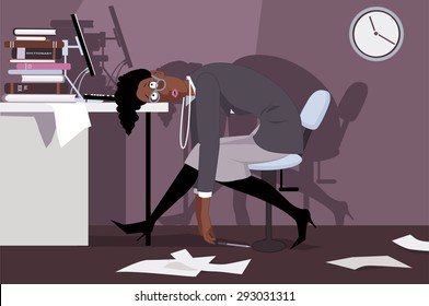 Exhausted Black Woman Sitting In The Office Late At Night, Putting Her Head On A Desk, Vector Illustration, No Transparencies, EPS 8