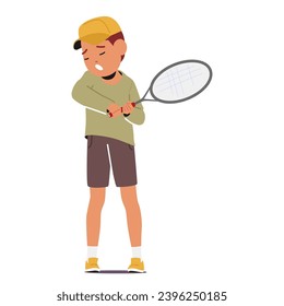 Exhausted And Bleary-eyed, Tired Sleepy Kid Boy Character with Tennis Racquet in Hands, Fatigue Takes Its Toll As Tired Child Yearning For The Embrace Of A Cozy Bed. Cartoon People Vector Illustration