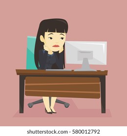 Exhausted bored asian employee sitting at workplace in front of computer in office. Overworked tired employee working with her head propped on hand. Vector flat design illustration. Square layout.