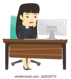 Exhausted bored asian employee sitting in front of computer in office. Overworked tired employee working with her head propped on hand. Vector flat design illustration isolated on white background.