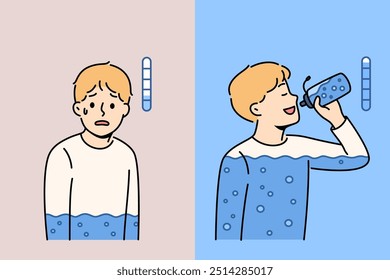 Exhausted boy drinks water from bottle, gaining energy and quenching thirst with mineral drink. Child suffering from lack of water feels relief when receives enough fluid to restore balance.