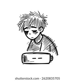 Exhausted Boy with Low Battery Symbol