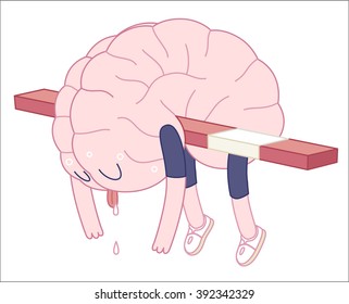Exhausted brain hanging on the hurdle in hurdle race activity - flat cartoon vector illustration. A part of the Brain collection.