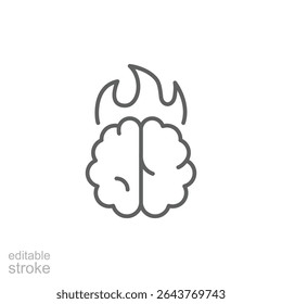 Exhausted brain icon Outline editable stroke icon showing flaming brain for mental burnout and chronic stress from job overload