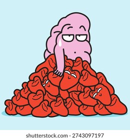 An Exhausted Brain In A Pile Of Hearts Concept Cartoon Character illustration