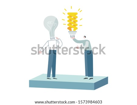 Exhausted bulb can't generate ideas. Metaphor of professional burnout. Businessman offers new energy-saving lamp like solution. Blue and yellow conceptual vector illustration EPS 10 isolated on white