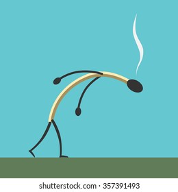 Exhausted burned match character going across green field on blue sky background. Exhaustion, tiredness and purpose concept. EPS 8 vector illustration, no transparency