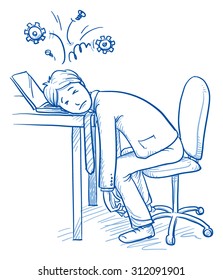 Exhausted business man at his desk with gears over his head, concept of stress, burnout, headache, depression, hand drawn doodle vector illustration