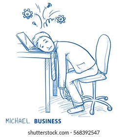 Exhausted business man at his desk with gears over his head, concept of stress, burnout, headache, depression, hand drawn doodle vector illustration