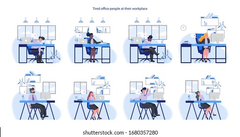 Hombre y mujer de negocios exhaustos en el despacho. Empresarios sin energía con mucho trabajo de papel. El concepto de agotamiento profesional o de jornada laboral larga. Ilustración vectorial en estilo de caricatura