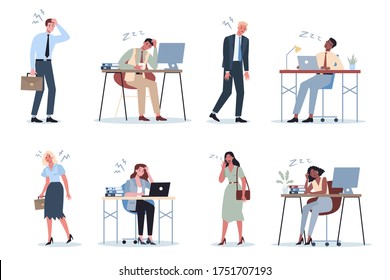 Hombre de negocios y mujer exhausto en la oficina. Empresarios con falta de energía. El concepto de agotamiento profesional o de jornada laboral larga. Ilustración vectorial en estilo de caricatura