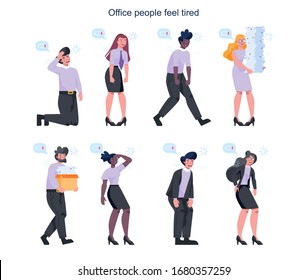 Exhausted business man and woman set. Business people with lack of energy with a lot of paper work. Professional burnout or long working day concept. Vector illustration in cartoon style