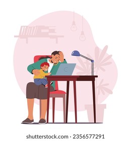 Exhausted Business Mother Multitasking On Laptop While Holding Her Child. Female Character Juggling Work And Parenting Responsibilities With Determination. Cartoon People Vector Illustration