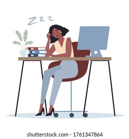 Exhausted business woman in the office. Business character with lack of energy. Professional burnout or long working day concept. Vector illustration in cartoon style