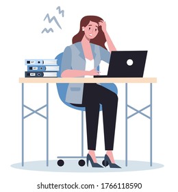 Exhausted business woman in the office. Business character with lack of energy. Professional burnout or long working day concept. Vector illustration in cartoon style