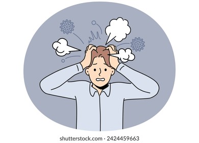 Exhausted businessman with chaos and mess in head suffer from nervous breakdown. Tired emotional man struggle with stress and overwork. Vector illustration.