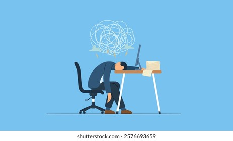 Exhausted businessman covered by chaotic lines, clouds symbolizes stress burden, anxiety from work difficulty and overload, problem in economic crisis or pressure from too much responsibility concept.