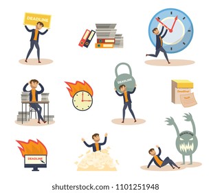 Exhausted businessman and deadline, overwork concept scenes set. Upset character holding huge kettlebell weight, stop clock hand piled up with papers, protection from monster. Vector flat illustration