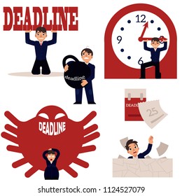 Exhausted businessman and deadline, overwork concept scenes set. Upset character holding huge kettlebell weight, stop clock hand piled up with papers, protecting from monster. Vector flat illustration