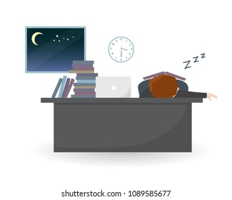 Exhausted businessman fell asleep in the workplace in the office at night. Work overtime.