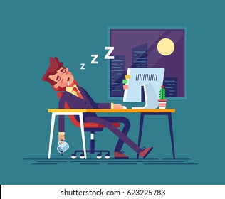 Exhausted Businessman Fell Asleep In The Workplace In The Office At Night. Work Overtime. Modern Vector Illustration.