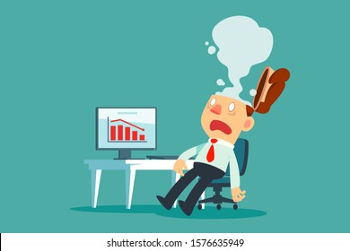 Exhausted businessman at his desk in office with smoke come out of his head. Business stress concept.