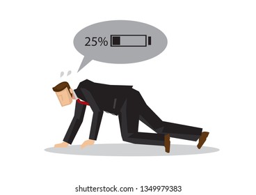 Exhausted businessman with low battery power. Concept of exhausted employee or corporate fatigue. Isolated vector illustration.
