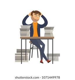 Exhausted businessman with sad emotion sitting at workplace desk with documents, paper piles, stack holding head. Overwork, stress and time management concept. Vector flat illustration