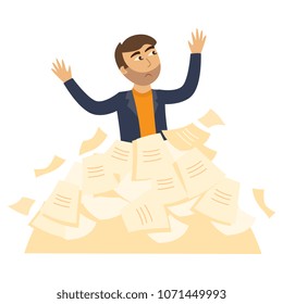 Exhausted businessman with sad emotion standing piled up with documents, papers heap raising hands. Overwork, stress and time management concept. Vector flat illustration