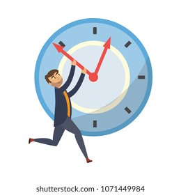 Exhausted businessman with sad emotion trying to stop clock hand. Overwork, stress deadline and time management concept. Vector flat illustration