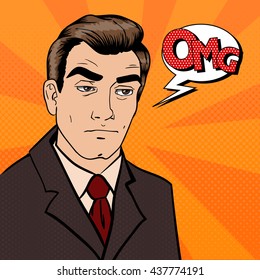 Exhausted Businessman. Sad Man with Expression OMG. Pop Art. Vector illustration