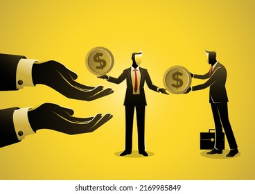 Exhausted businessman salary man get dollar coin and pay it for creditor debt