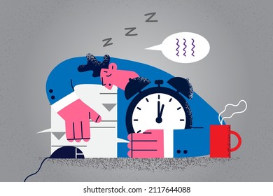 Exhausted businessman sit at desk fall asleep struggle with workload. Tired male employee or worker sleep at workplace, meet deadline. Overwork and overload. Job burnout. Vector illustration. 