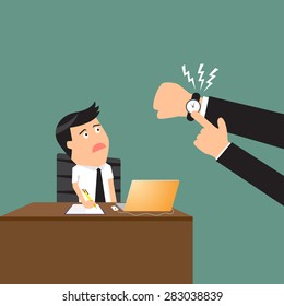 Exhausted businessman sit at workplace in office and looking at boss hand with clock to deadline. Time management and hand show a deadline vector illustration.