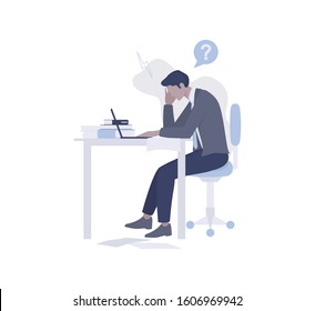 Exhausted businessman sitting in the office. Deadline concept. Idea of many work and few time. Business problems. Isolated vector illustration in cartoon style