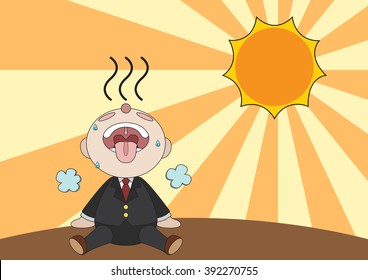 exhausted businessman is sitting under shiny sun cartoon vector