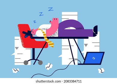 Exhausted businessman sleep on desk in office suffer from fatigue. Tired male employee doze off nap on table at workplace feel overwhelmed overwork. Burnout concept. Vector illustration. 