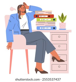 Exhausted businesswoman concept. Overworked female professional rests in office chair, burdened by stack of documents. Work-related stress theme. Vector illustration.