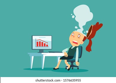 Exhausted businesswoman at her desk in office with smoke come out of her head. Business stress concept.