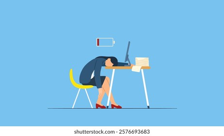 Exhausted businesswoman out of battery symbolizes stress burden, anxiety from work difficulty and overload, problem in economic crisis or pressure from too much responsibility concept.