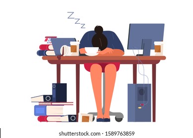 Exhausted businesswoman sleaping in the office putting her head on the desk. Deadline concept. Idea of many work and few time. Business problems. Isolated vector illustration in cartoon style