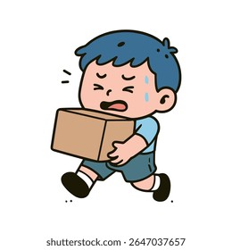 Exausto menino de desenhos animados esforça-se ao levantar uma caixa de papelão marrom pesada, suor pingando de sua testa, mostrando o desafio físico e determinação.