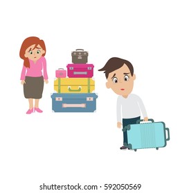 Exhausted cartoon man and woman with a heavy suitcase and luggage
Vector illustration in style flat