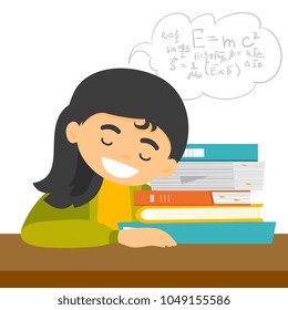 Exhausted caucasian white student sleeping on the desk and solving maths exercises while sleep. Sleepy student lying on books after learning. Vector cartoon illustration isolated on white background.