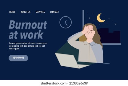 Exhausted Character Burnout Landing Page Template. Busy businesswoman clerk sitting at desk working in office at night. Deadline, overwork, workaholic concepts.  Flat vector isolated illustrations.