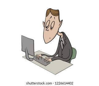 Exhausted clerk in front of computer. Tired businessman feeling burnt out. Flat vector ilustration. Isolated on white background.