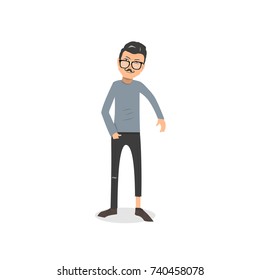 Exhausted and completely wiped out cartoon guy in casual clothes, gesturing. Vector illustration. Modern flat design.