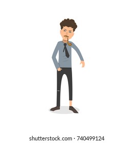 Exhausted and completely wiped out cartoon guy in casual clothes, gesturing. Vector illustration. Modern flat design.